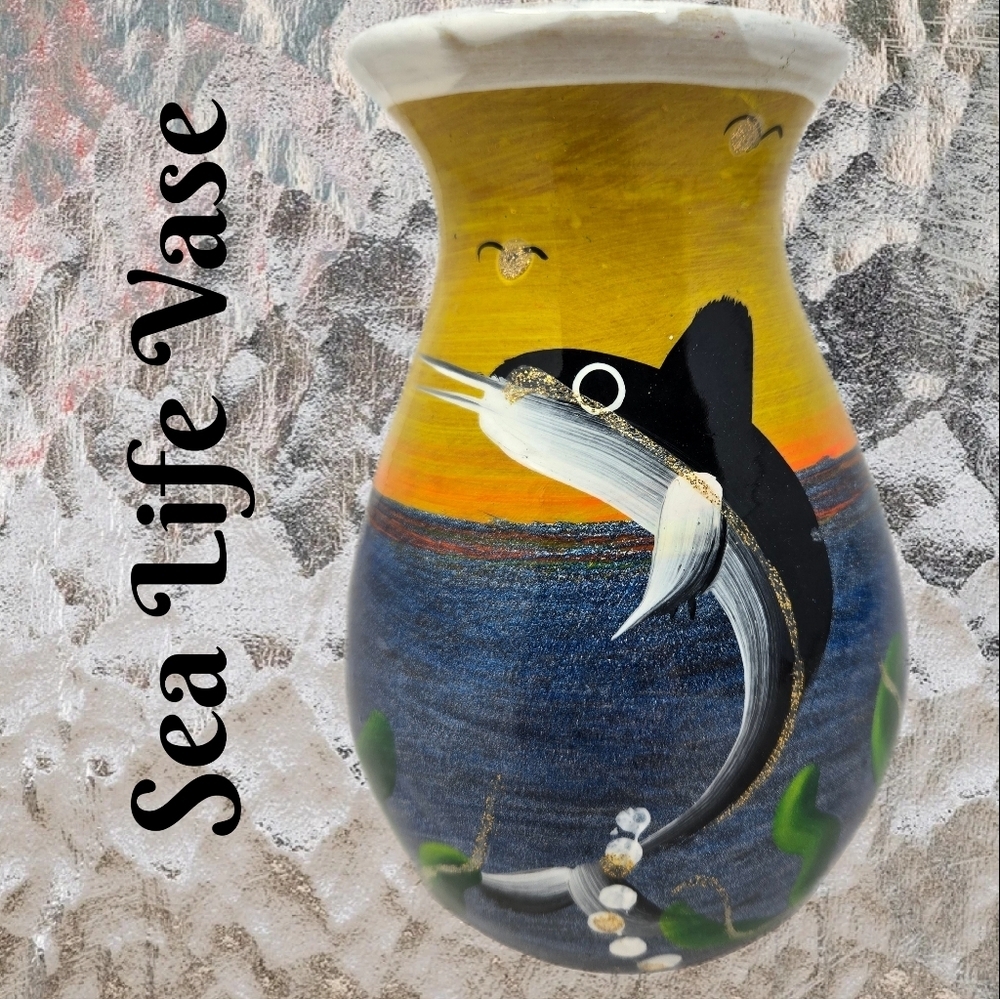 Sea life Ceramic Vase Fish Sea Weed Ocean Sunset Hand Painted Bird Bright Bold